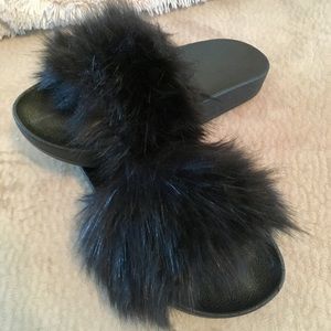 Black Fox Faux-Fur Slides